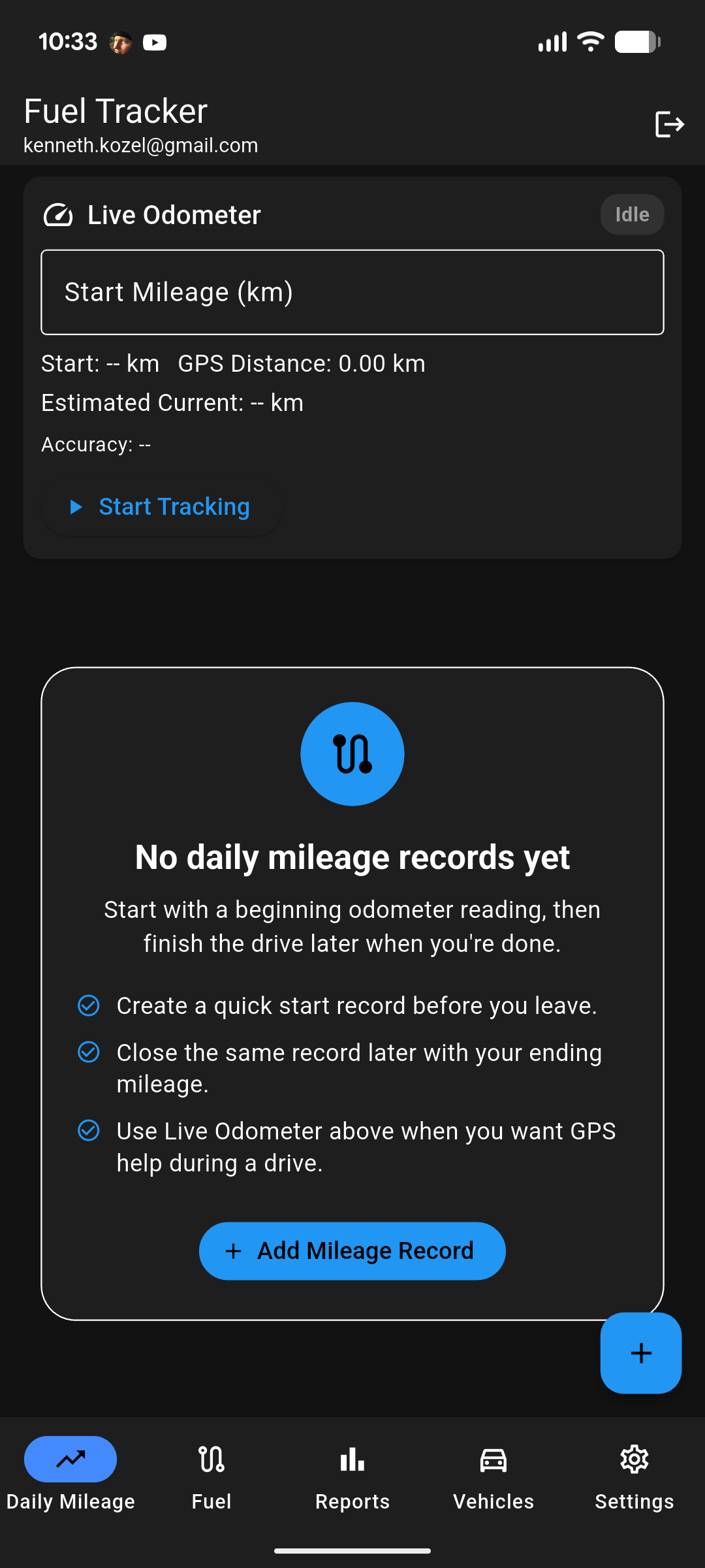 Daily mileage tracking