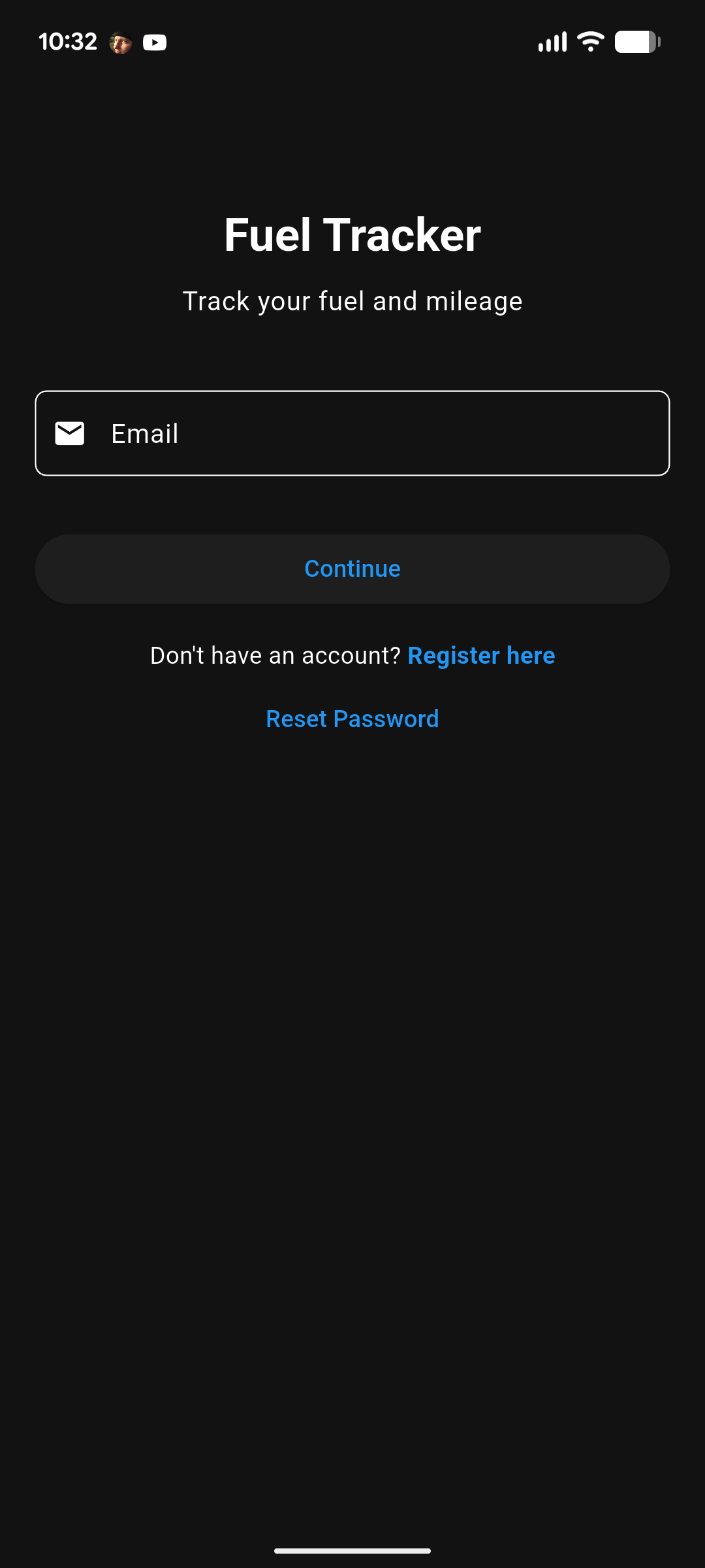 FuelTracker login screen